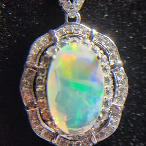 Ethiopian opal pendant with white topaz solid silver with dainty chain